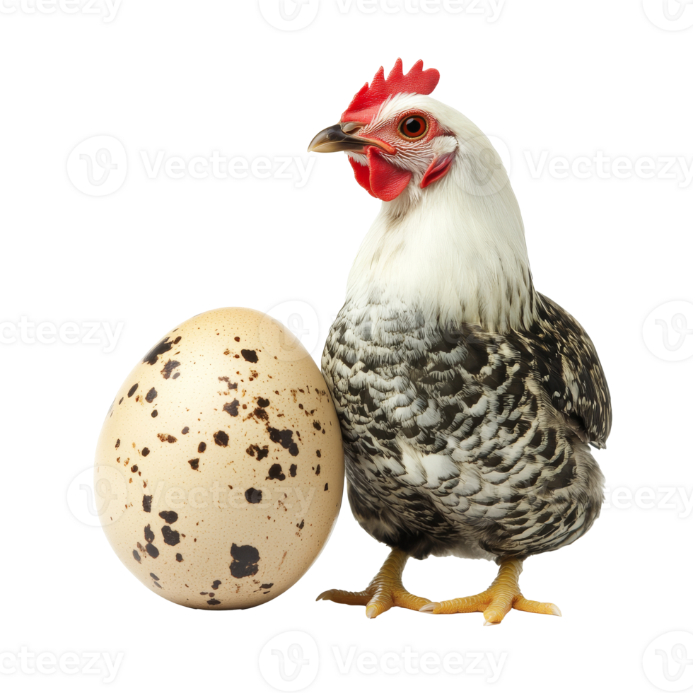 Small chicken next to big speckled egg isolated transparent png
