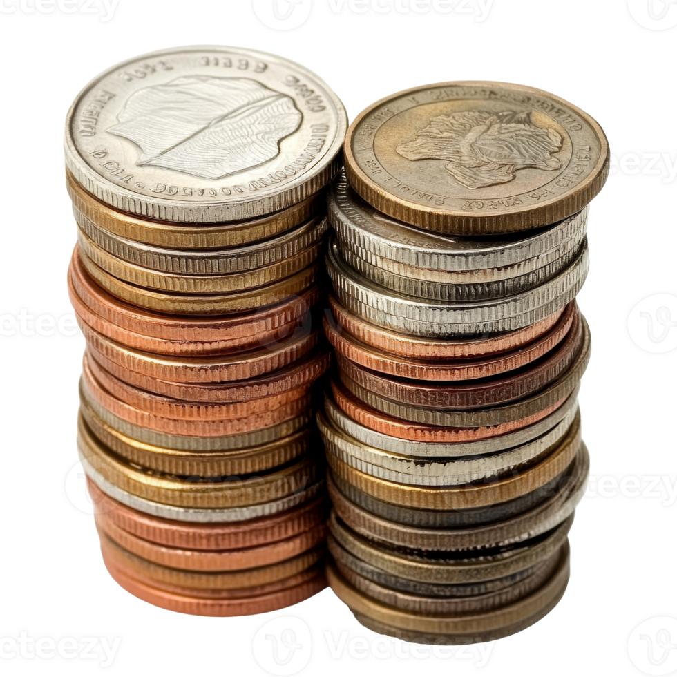 Coins of different denominations stacked isolated transparent png