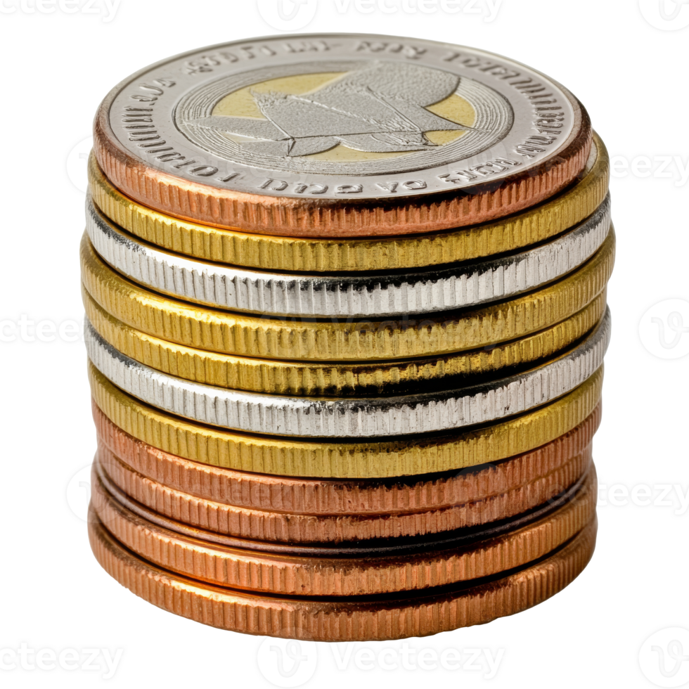 Stack of colorful coins on a white background isolated transparent png