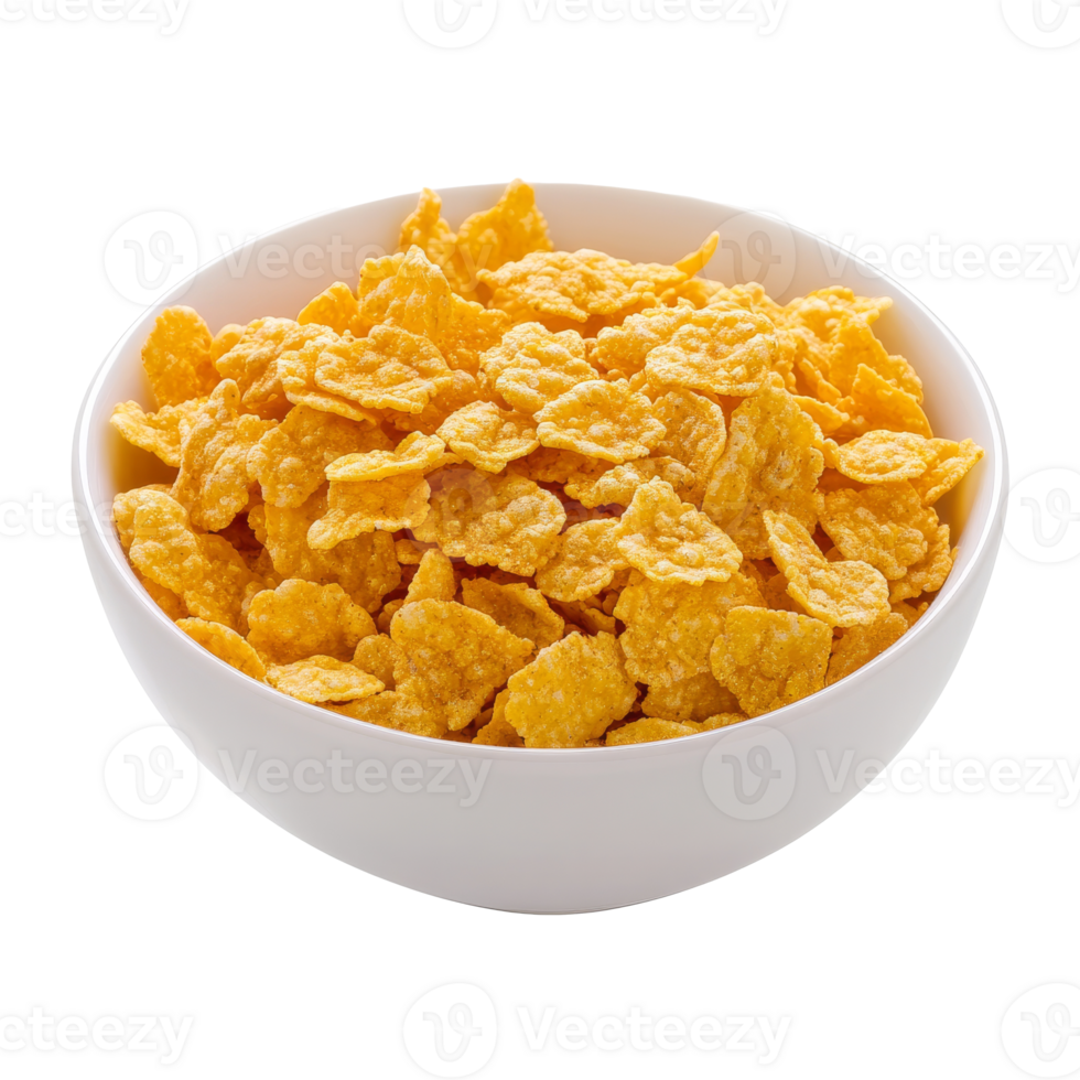 Bowl of crunchy corn flakes on a bright surface isolated transparent png