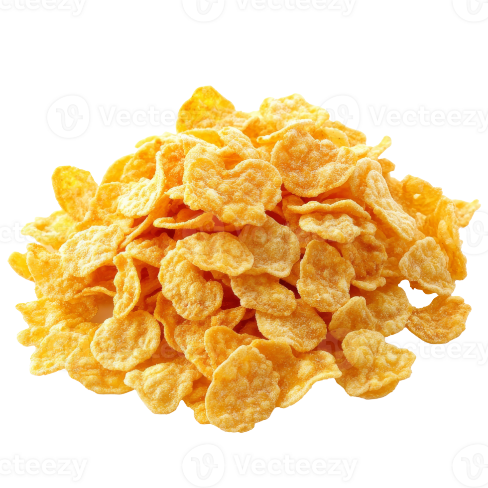 Crispy corn flakes piled high on a white surface isolated transparent png