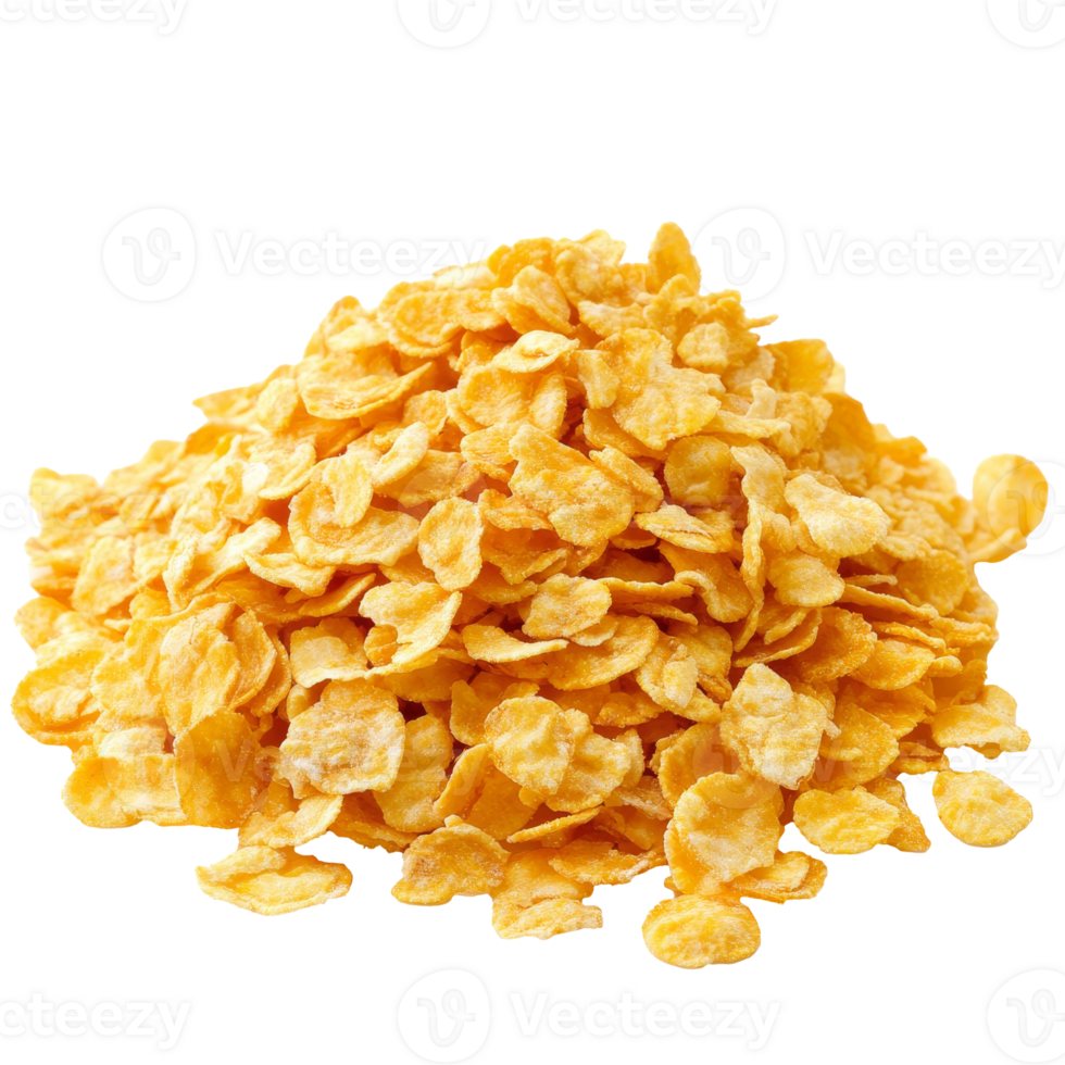 Pile of golden corn flakes on a white surface isolated transparent png