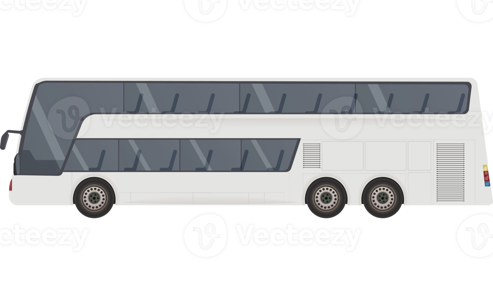 A white double decker bus is shown on a black background png
