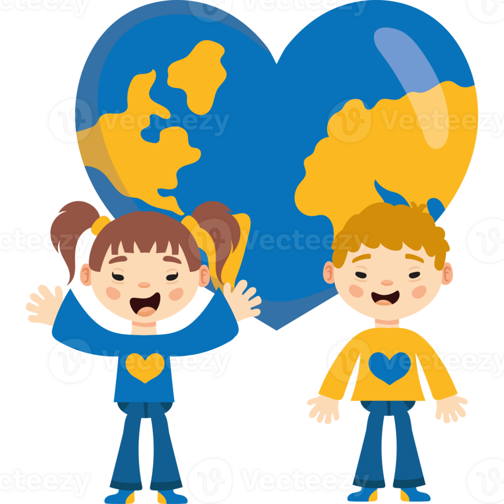 Two children holding hands with a heart shaped world png