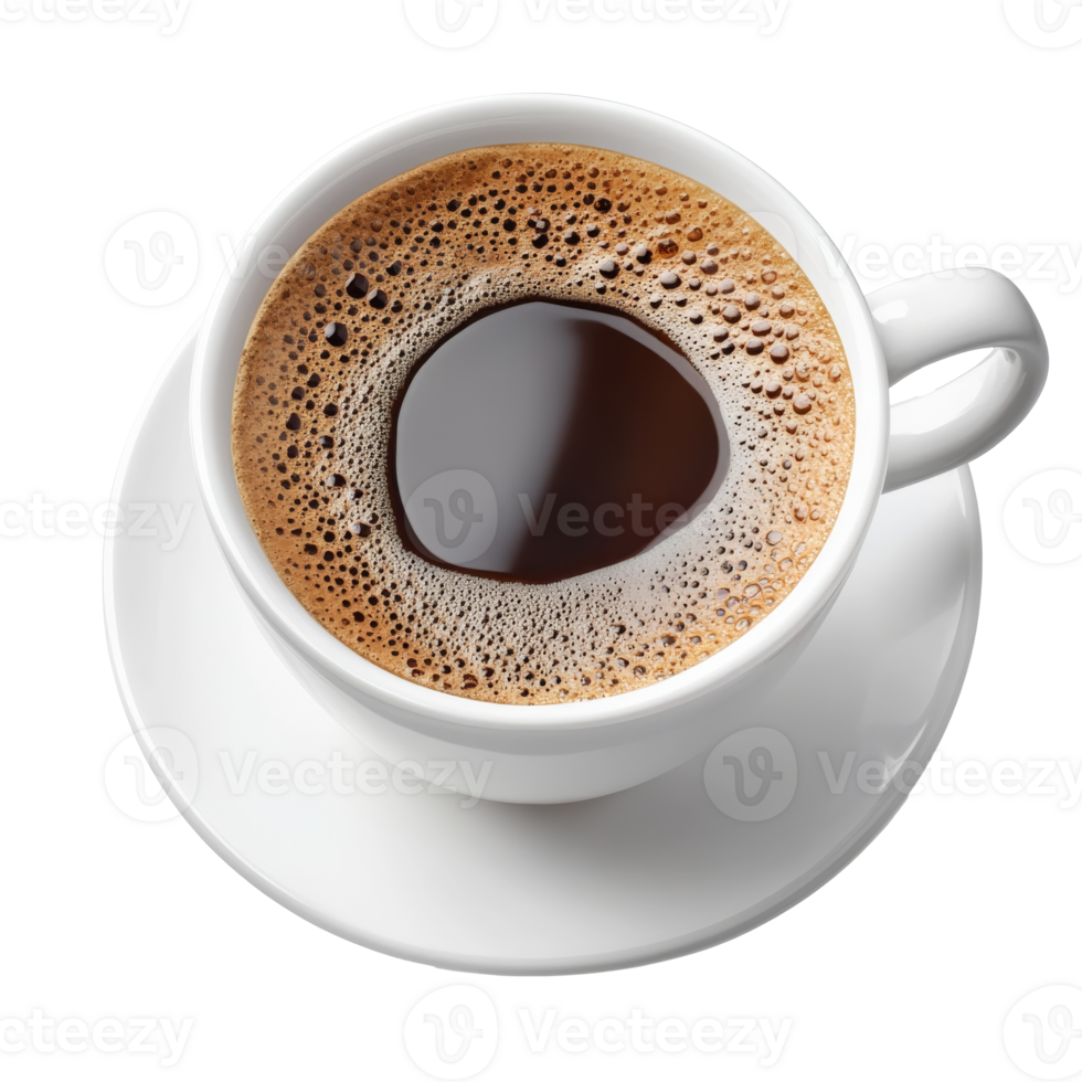 Rich black coffee in a white cup on a saucer isolated transparent png