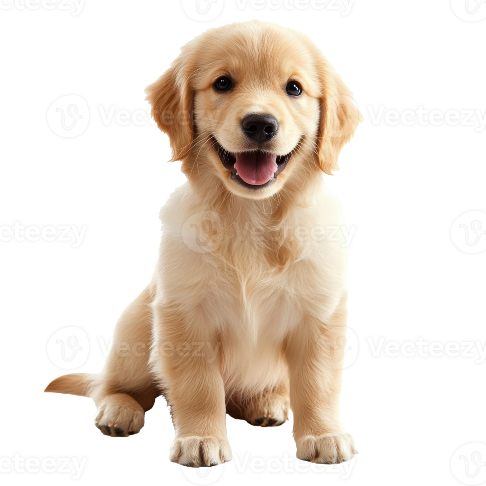 Happy golden retriever puppy sitting and smiling isolated transparent png