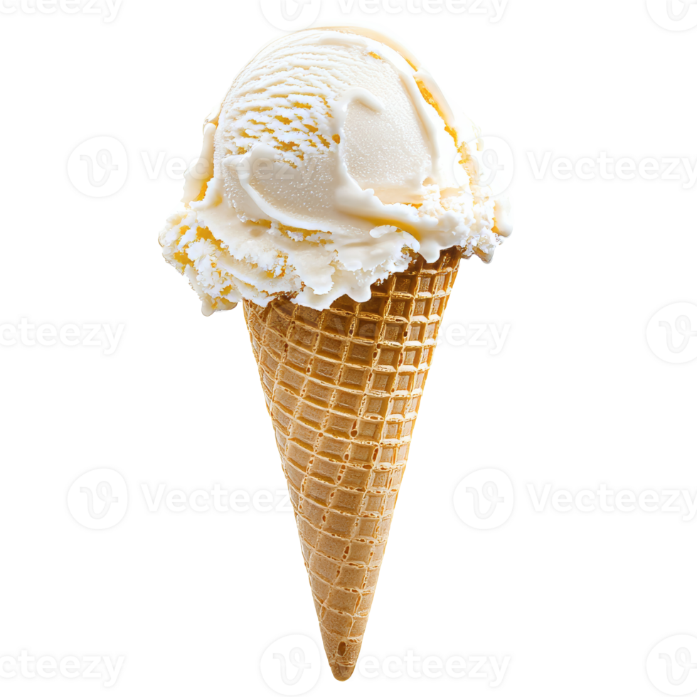 Delicious vanilla ice cream cone close up shot isolated transparent png