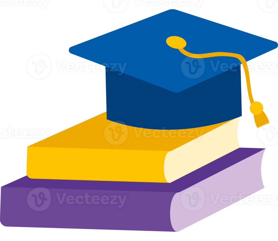 A graduation cap and books on a black background png