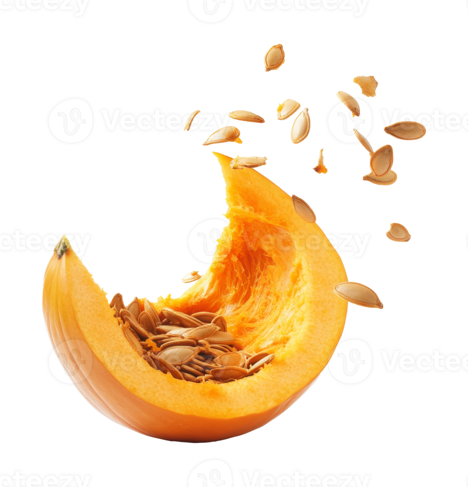Pumpkin cut in half with seeds flying in the air isolated transparent png