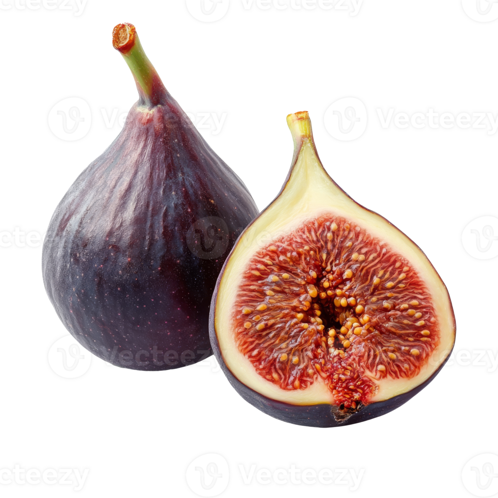 Fresh figs displayed in cross section and whole isolated transparent png