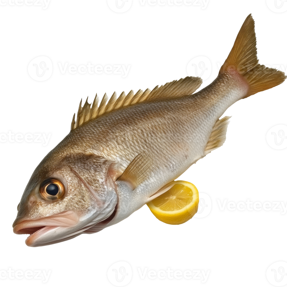 Fresh fish ready for cooking with lemon slice isolated transparent png