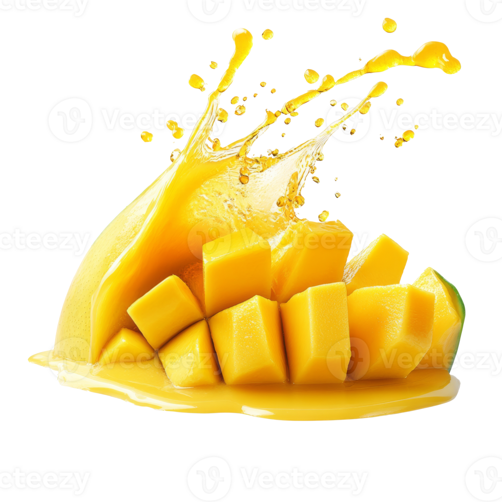 Fresh mango pieces splashing into vibrant juice isolated transparent png