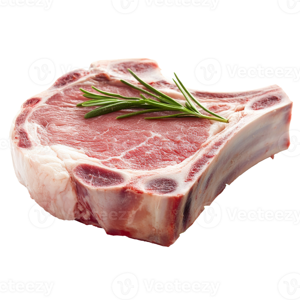 Freshly cut bone in pork chop with herbs isolated transparent png
