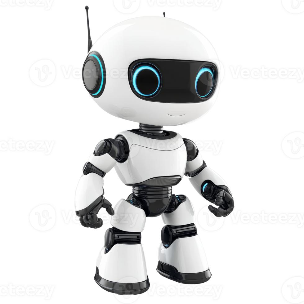 Glowing small robot in bright light isolated transparent png