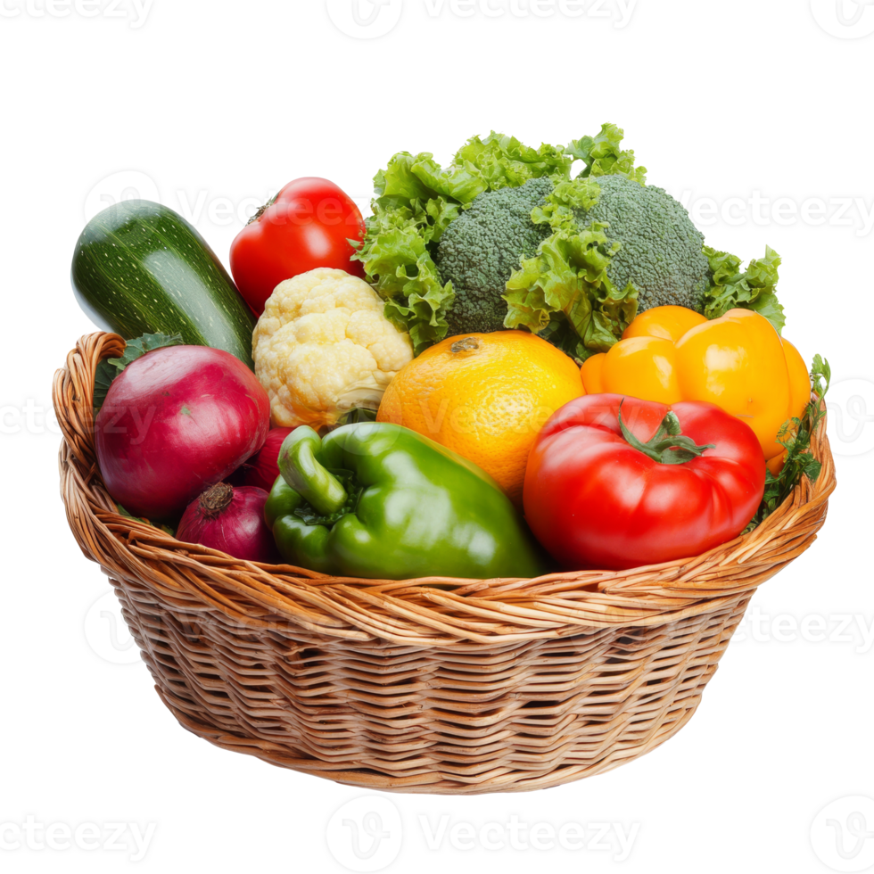 Fresh produce in a woven basket isolated transparent png