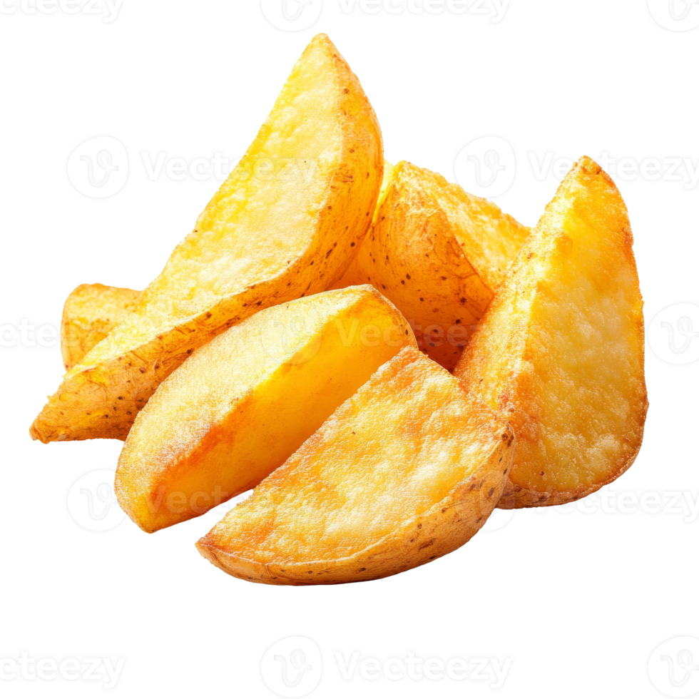 Crispy golden potato wedges on white isolated transparent png