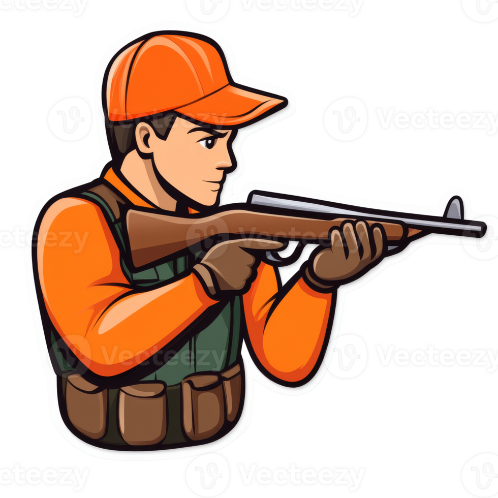 Hunter aiming with a rifle in bright orange attire isolated transparent png