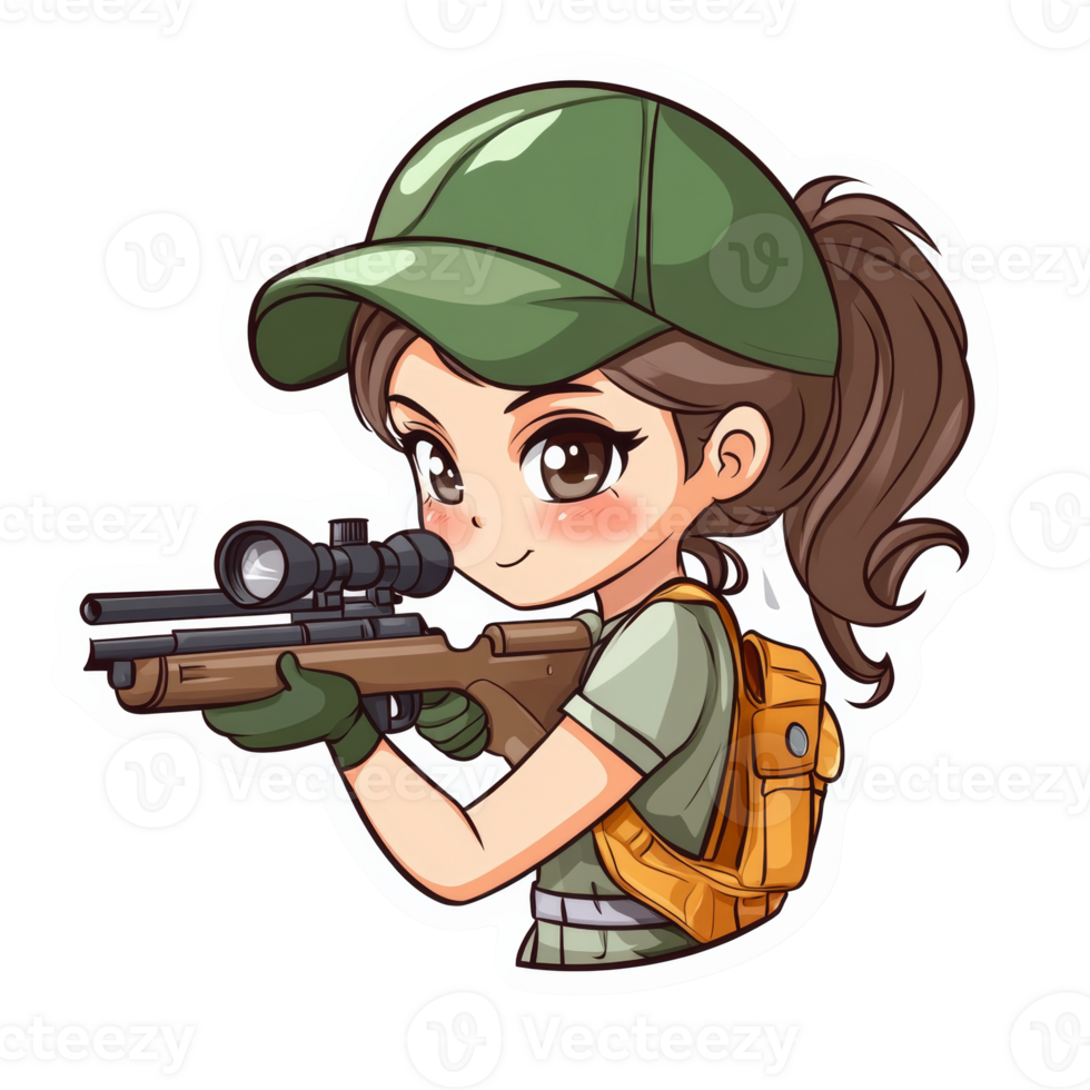 Young female character aiming with a sniper rifle isolated transparent png