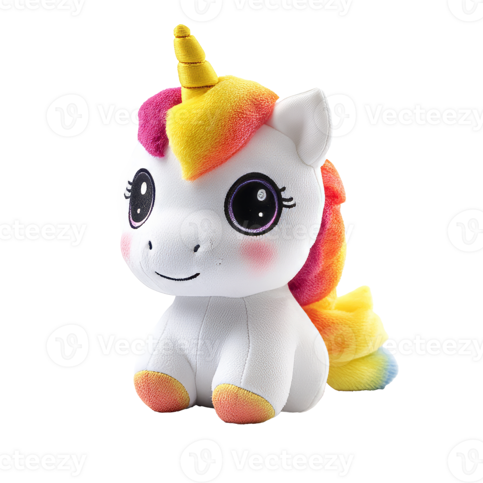 Colorful plush unicorn toy with rainbow mane isolated transparent png