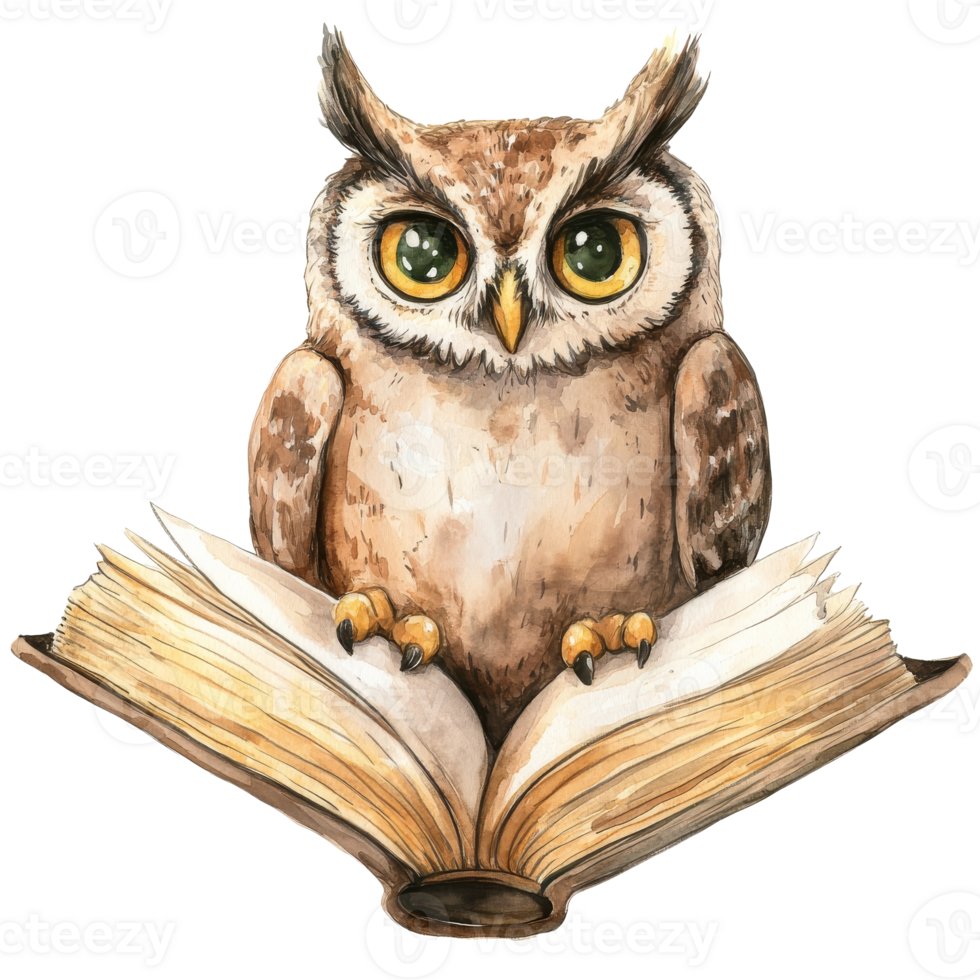 A wise owl perched on an open book illustration isolated transparent png