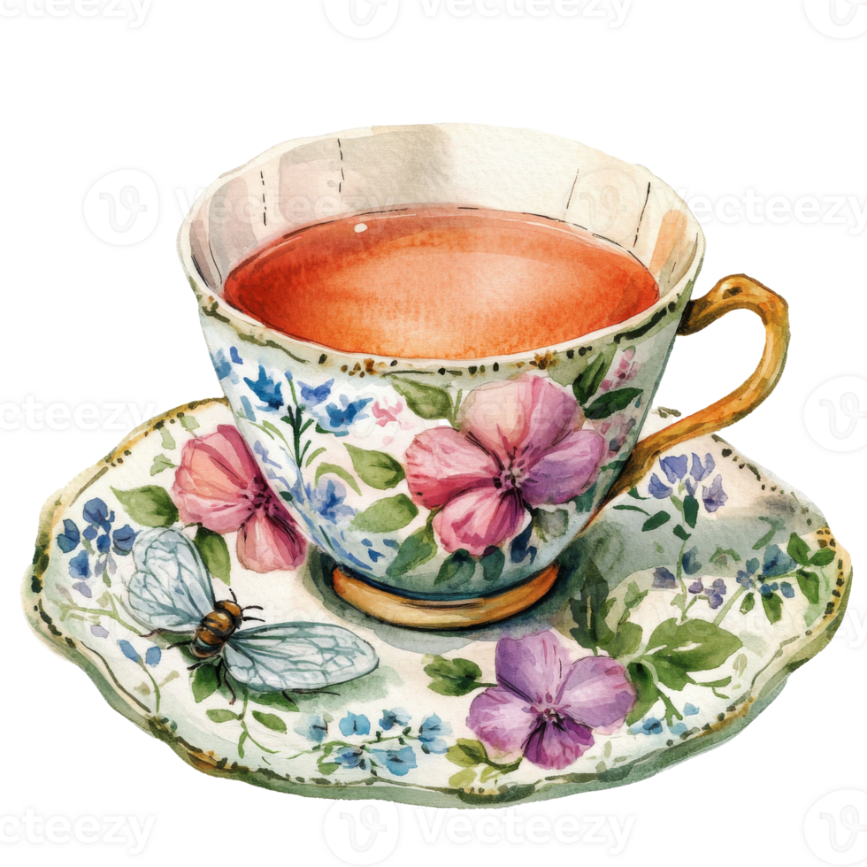 Delicate floral teacup with tea and a butterfly isolated transparent png