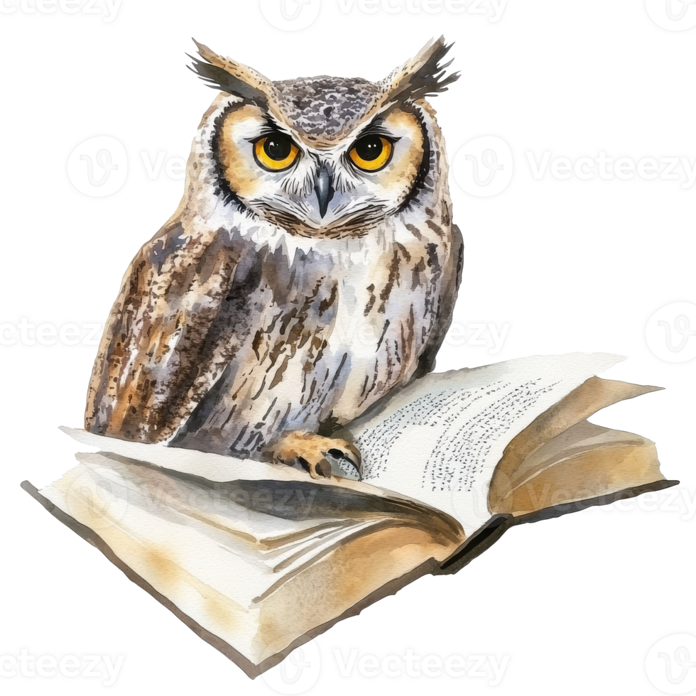 An owl perched on an open book in a cozy setting isolated transparent png