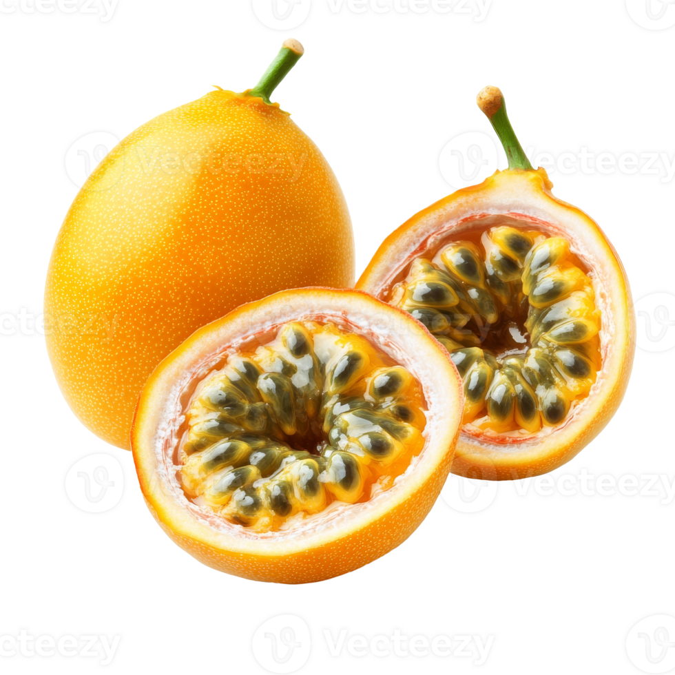 Yellow passion fruit halves on white isolated transparent png