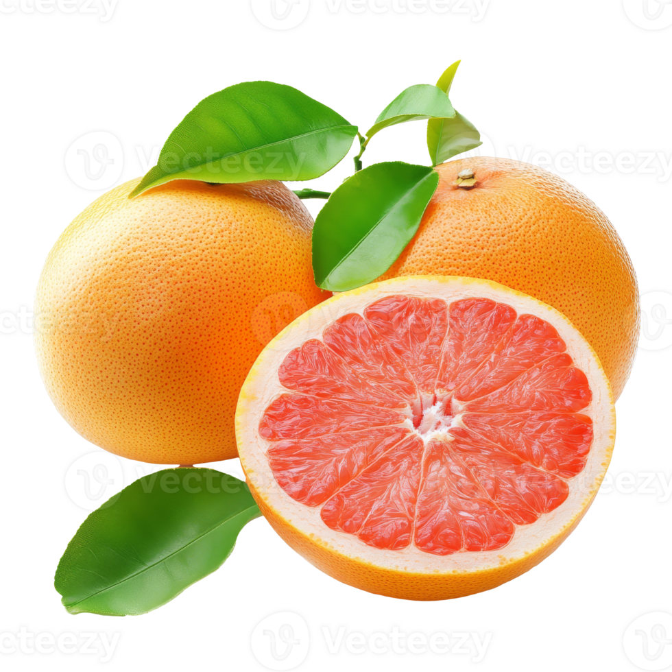 Grapefruit halves and whole with leaves isolated transparent png