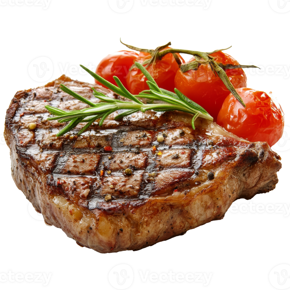 Grilled steak with herbs and tomatoes isolated transparent png