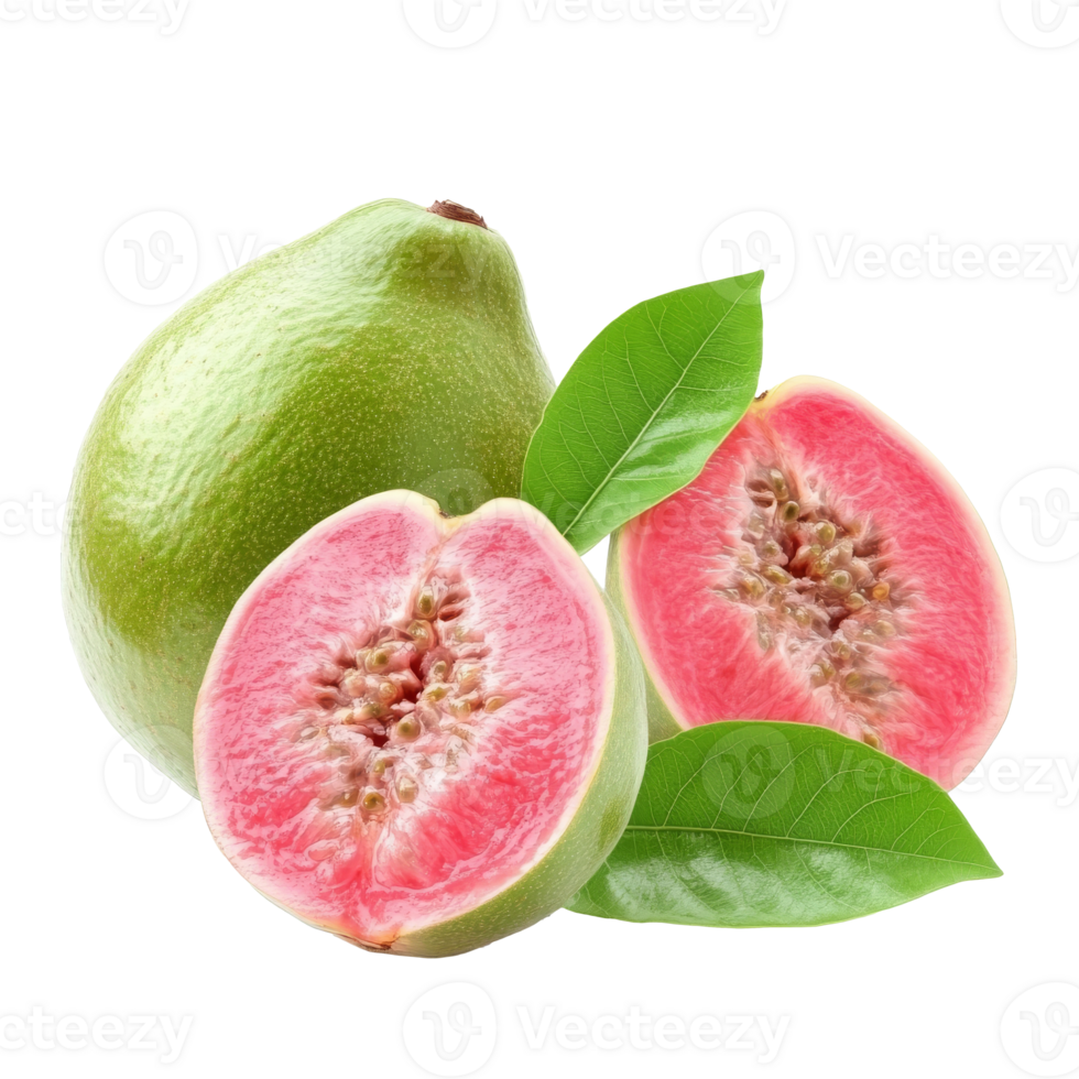 Fresh pink guava with green skin and leaves isolated transparent png