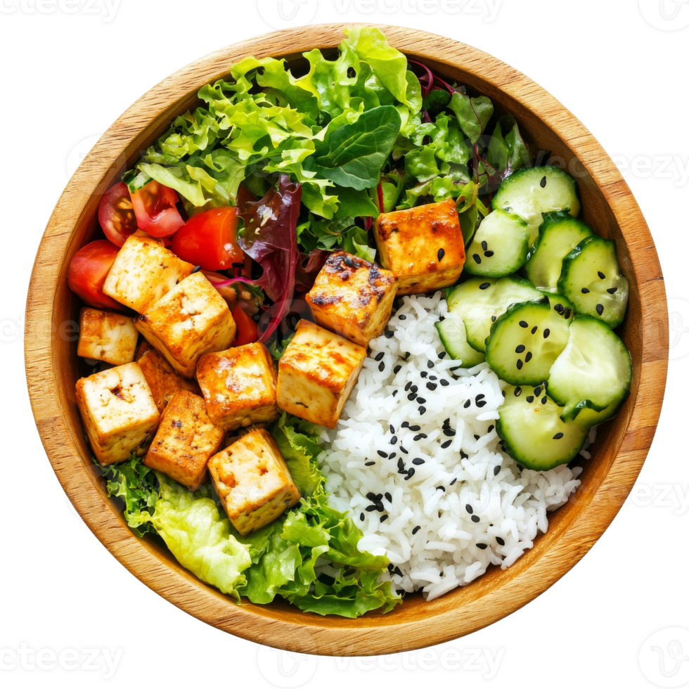 Colorful salad bowl with grilled tofu and rice isolated transparent png