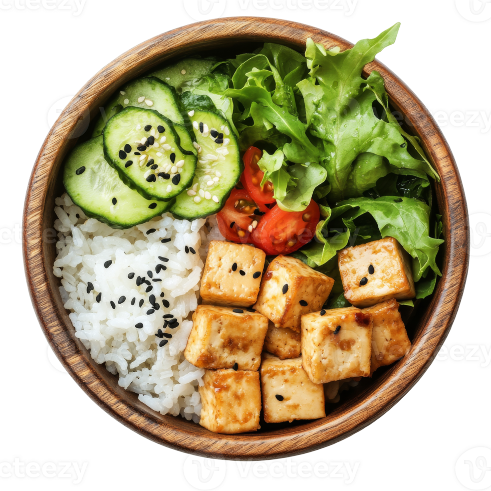 Healthy tofu salad bowl with rice and vegetables isolated transparent png