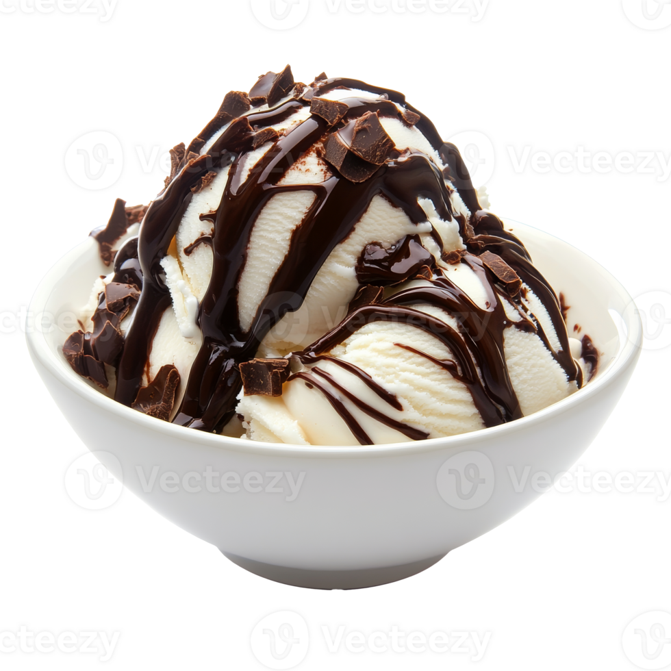 Delicious ice cream sundae with chocolate sauce isolated transparent png