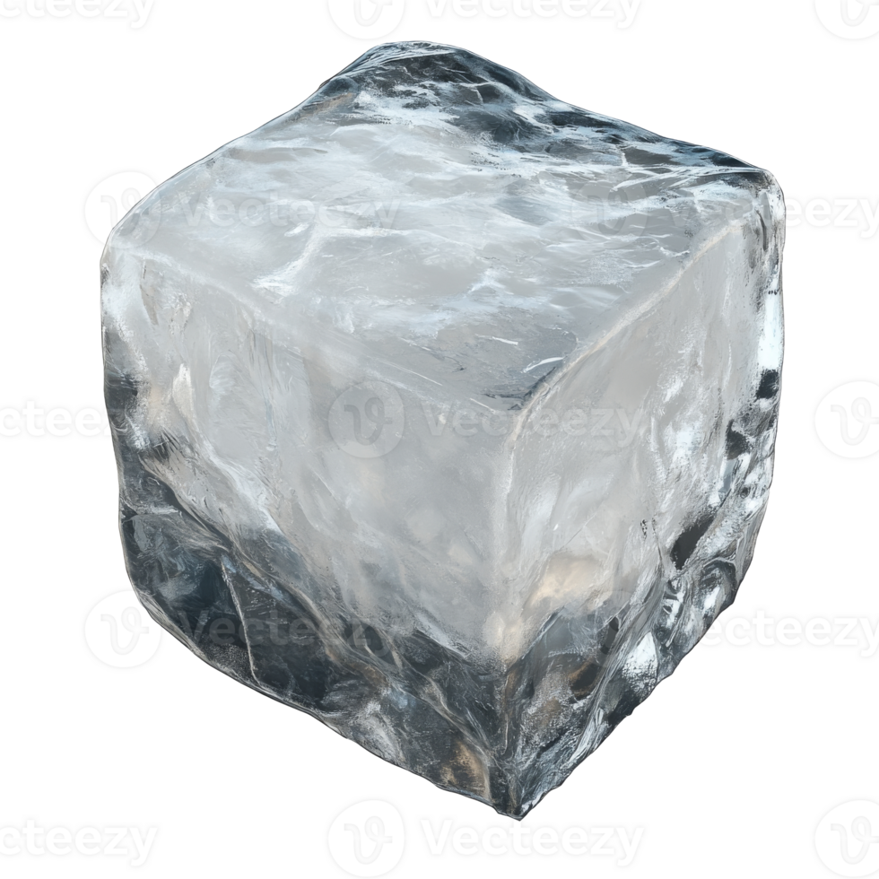 Clear ice cube resting on a counter in daylight isolated transparent png