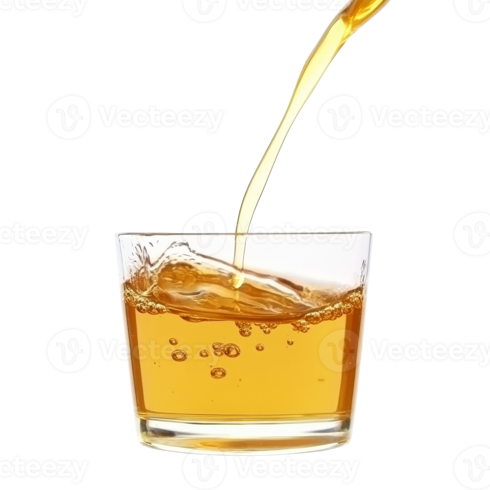 Golden liquid pouring into a clear glass with ice isolated transparent png