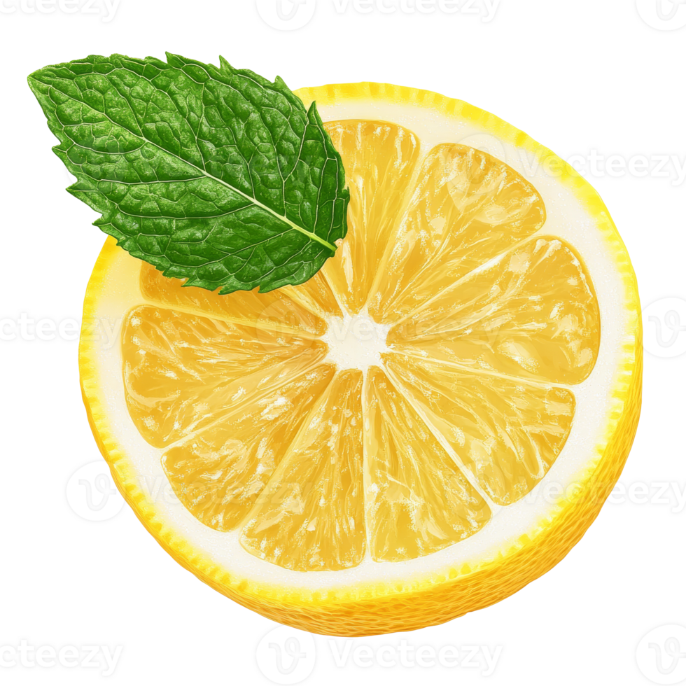 Freshly cut lemon slice with mint leaf garnish isolated transparent png