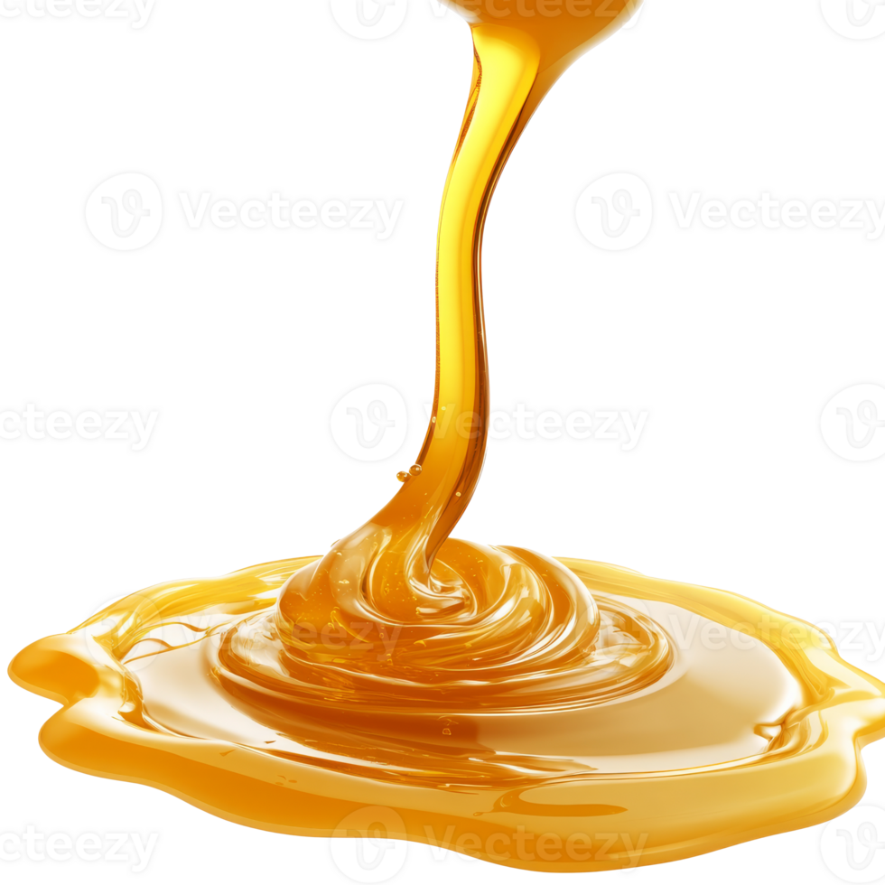 Flowing golden honey pooling on a white surface isolated transparent png