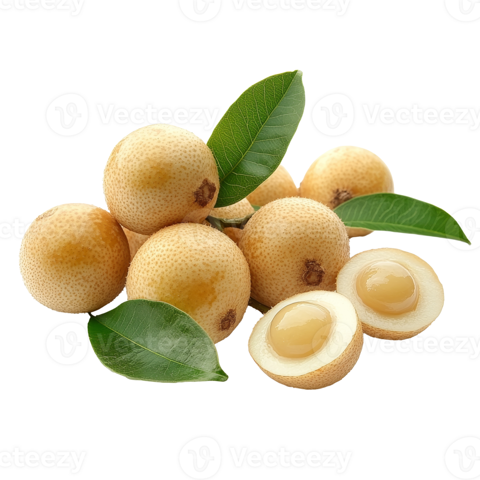 Fresh longan fruit with green leaves on display isolated transparent png