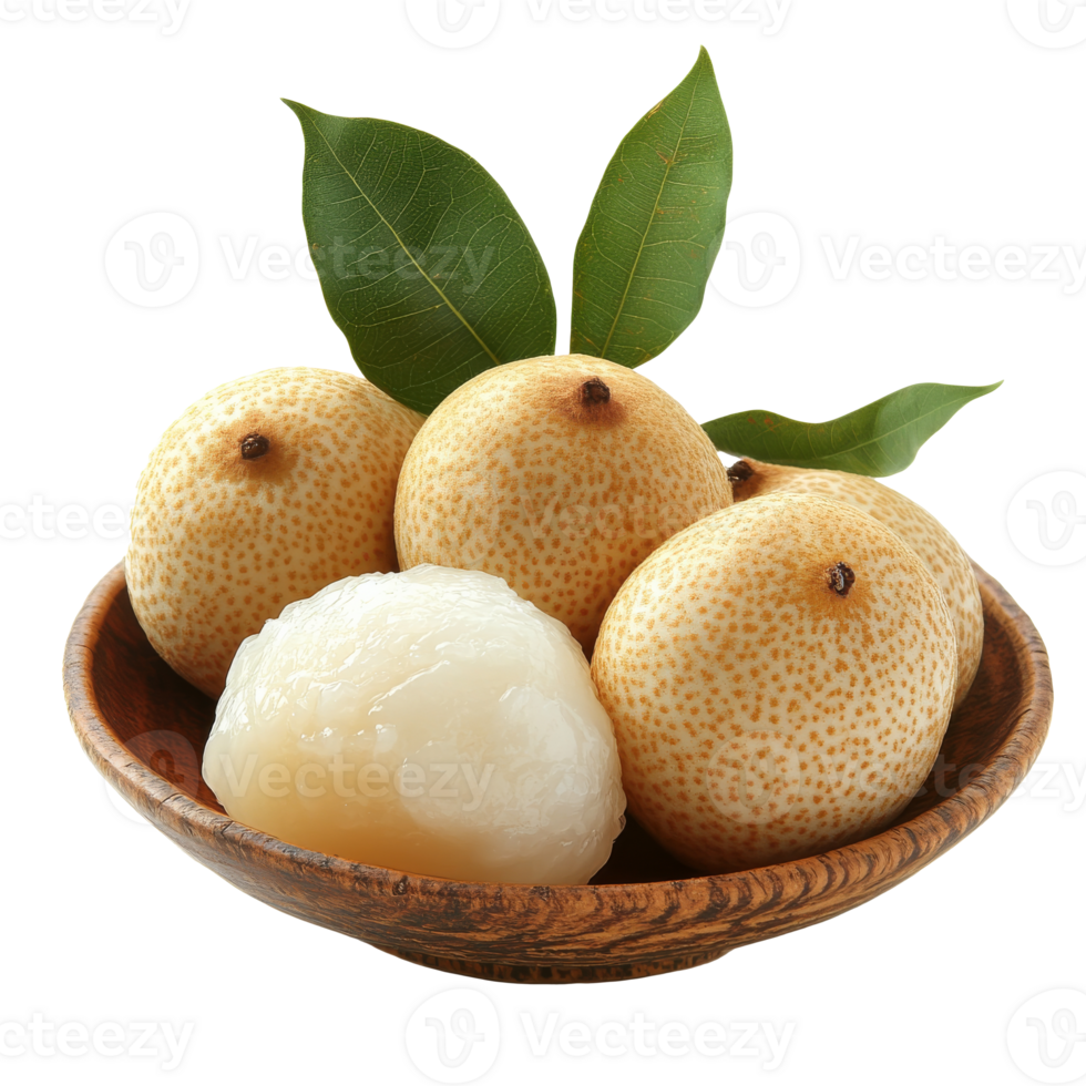 Fresh longan and lychee fruits in a wooden bowl isolated transparent png