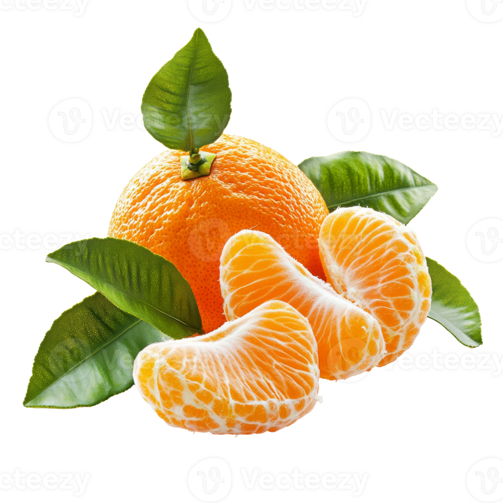 Fresh oranges and segments with green leaves isolated transparent png