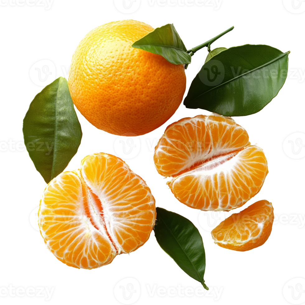 Sliced oranges and leaves on white isolated transparent png