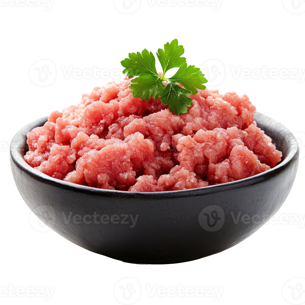 Fresh ground meat in a bowl with parsley garnish isolated transparent png