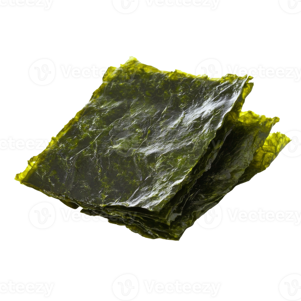 Green seaweed sheets displayed on a white surface isolated transparent png