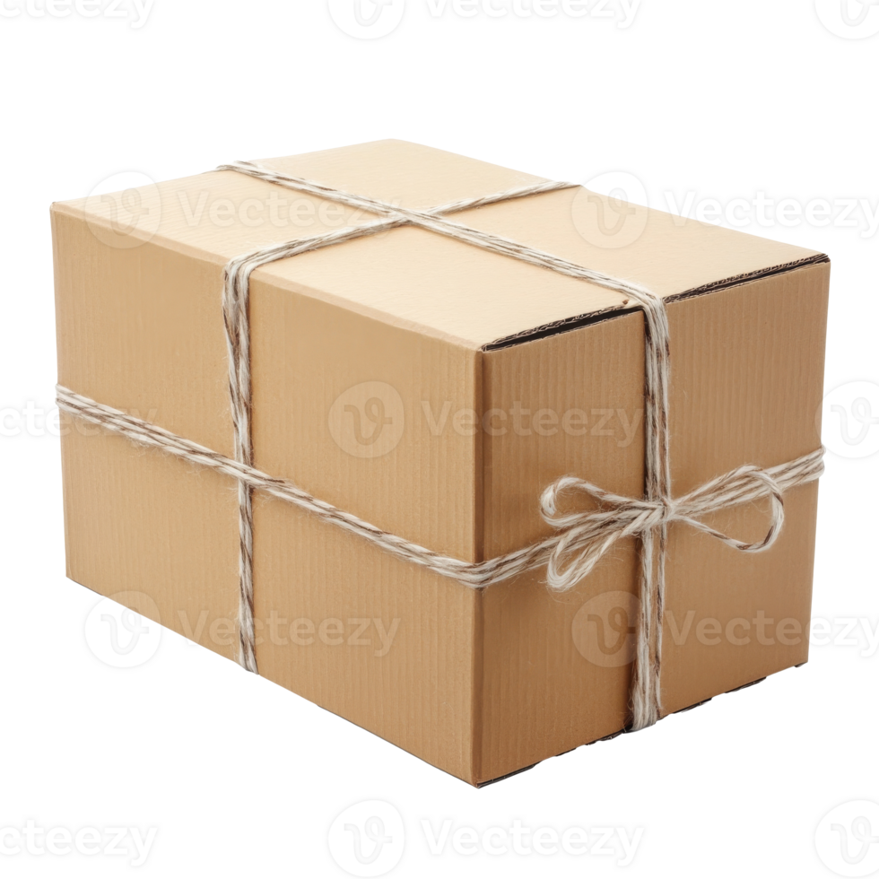 Brown box tied with string on plain bg isolated transparent png