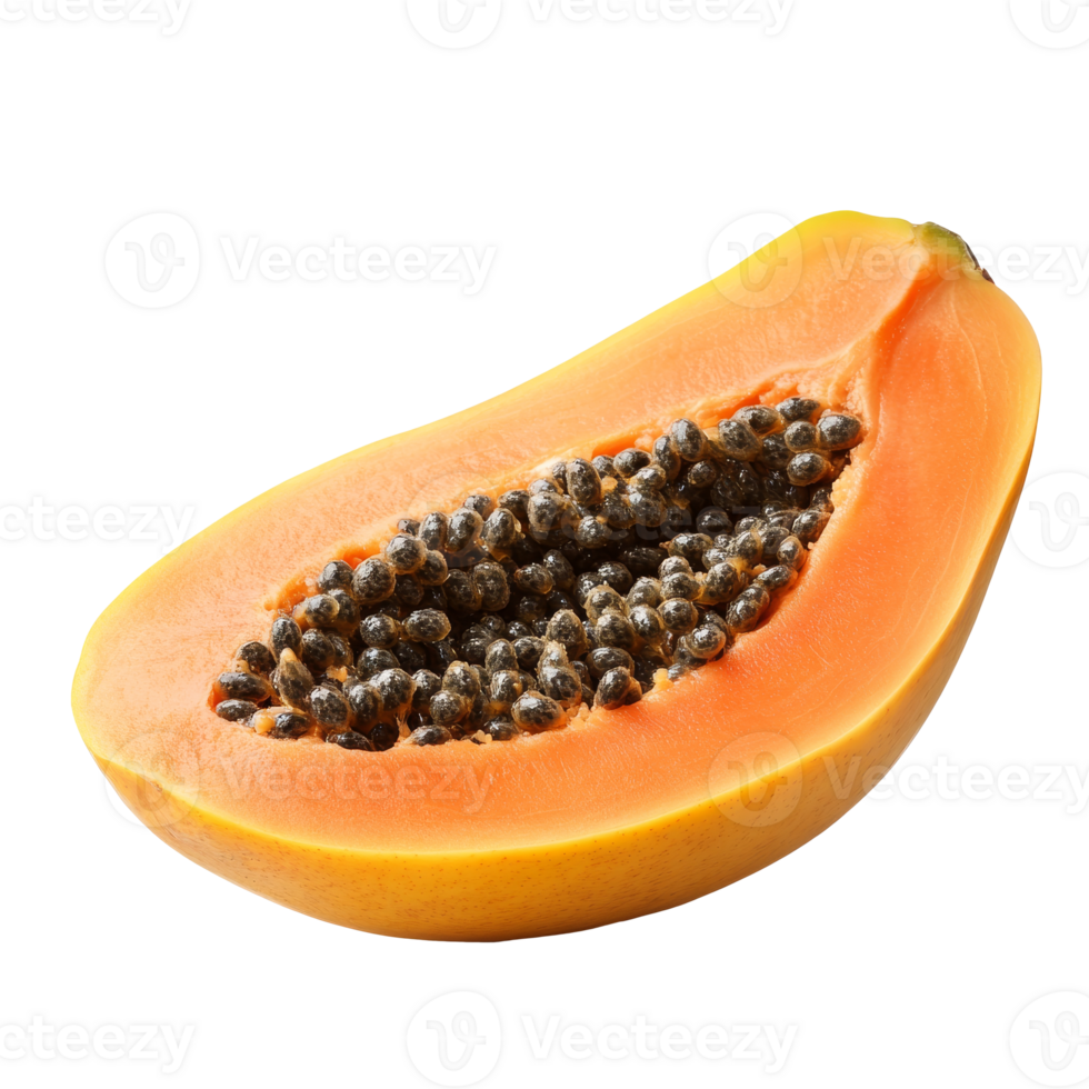 Freshly cut papaya showcasing vibrant orange flesh isolated transparent png