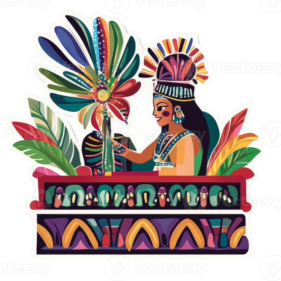Aztec woman adorned with colorful feathers isolated transparent png