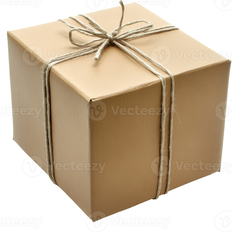 Brown gift box with twine on white isolated transparent png