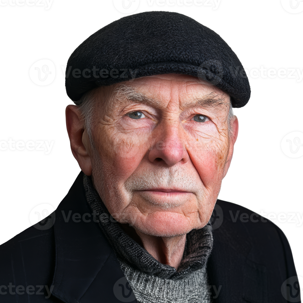 Elderly man in black cap and sweater isolated transparent png