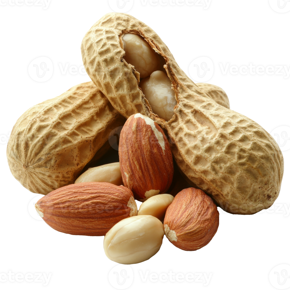 Freshly shelled peanuts and mixed nuts on display isolated transparent png