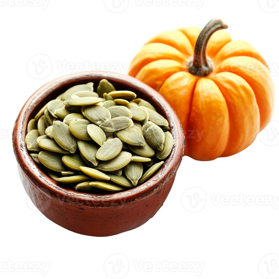 Healthy pumpkin seeds in a bowl with pumpkin isolated transparent png